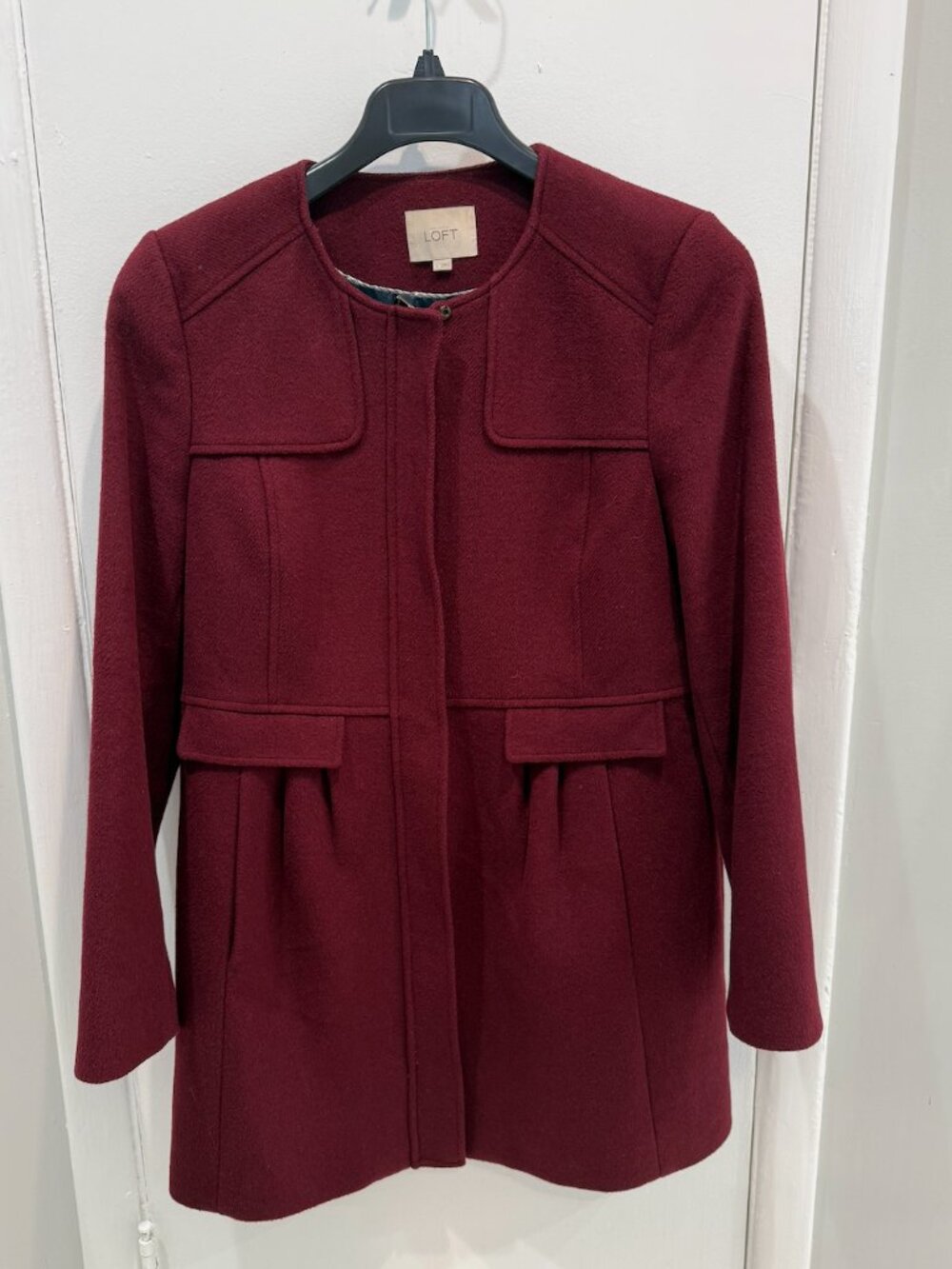 LOFT Burgundy Collarless Wool-Blend Coat